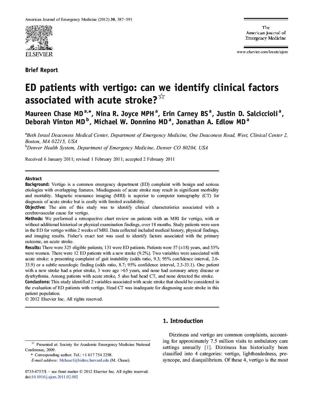 ED patients with vertigo: can we identify clinical factors associated with acute stroke? 