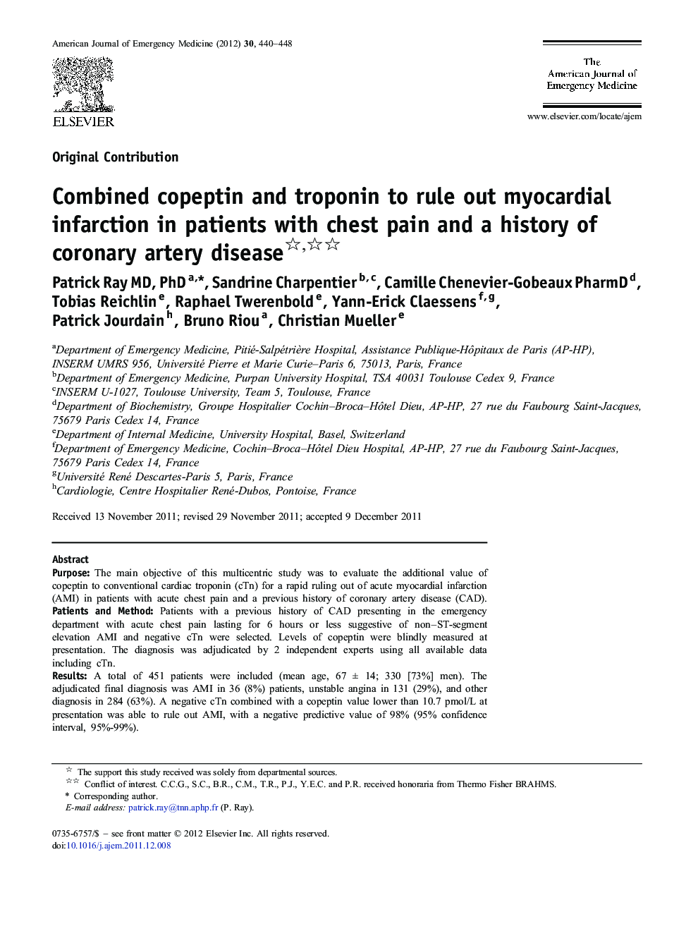 Combined copeptin and troponin to rule out myocardial infarction in patients with chest pain and a history of coronary artery disease 