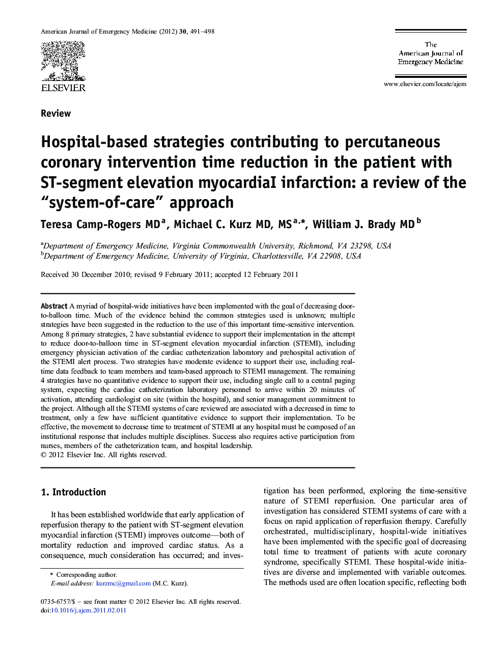 Hospital-based strategies contributing to percutaneous coronary intervention time reduction in the patient with ST-segment elevation myocardiaI infarction: a review of the “system-of-care” approach