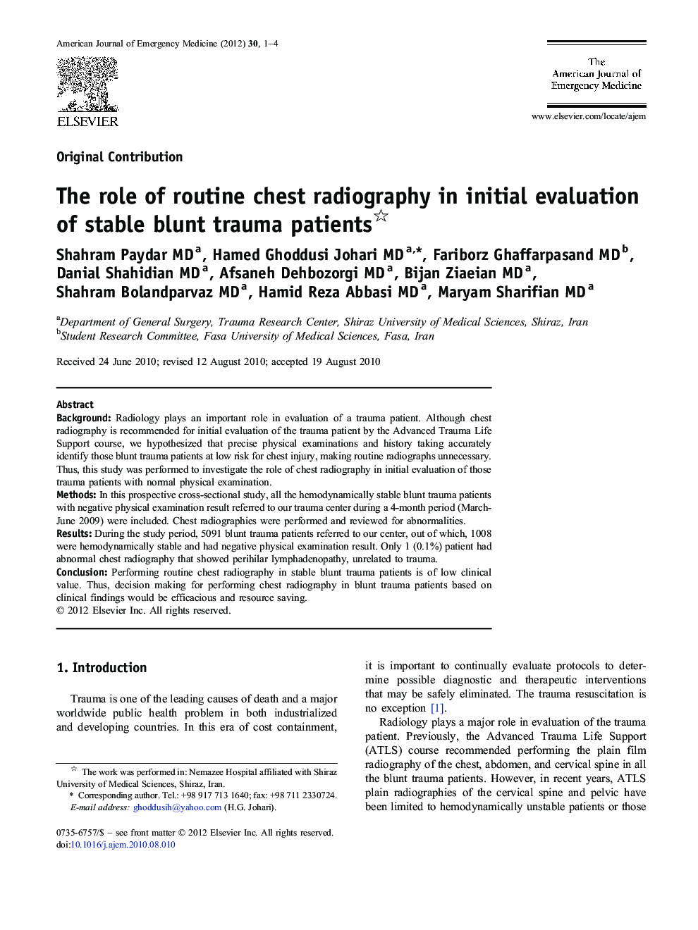 The role of routine chest radiography in initial evaluation of stable blunt trauma patients 