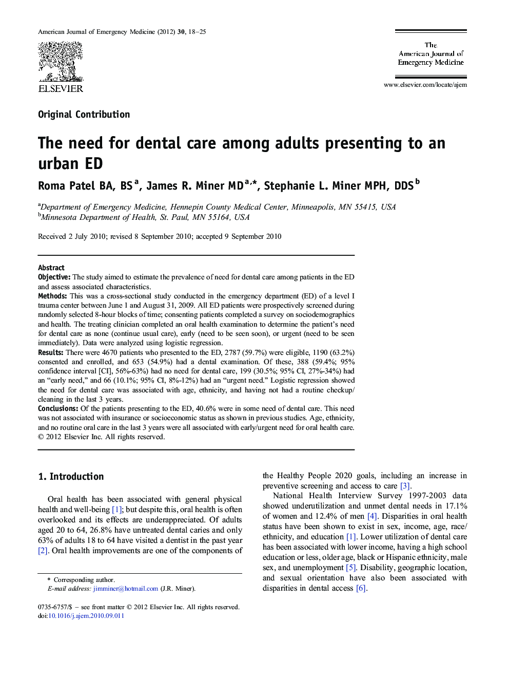 The need for dental care among adults presenting to an urban ED