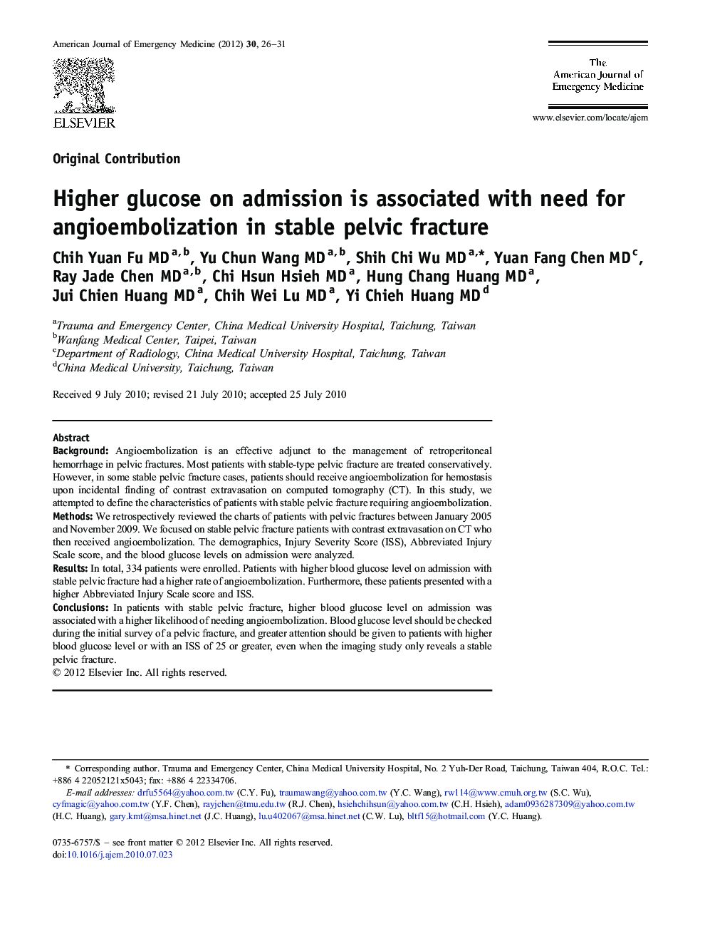 Higher glucose on admission is associated with need for angioembolization in stable pelvic fracture