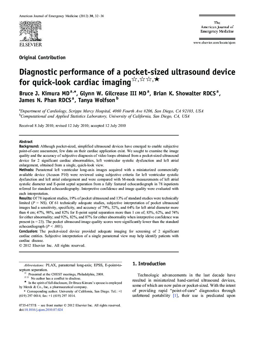 Diagnostic performance of a pocket-sized ultrasound device for quick-look cardiac imaging ★
