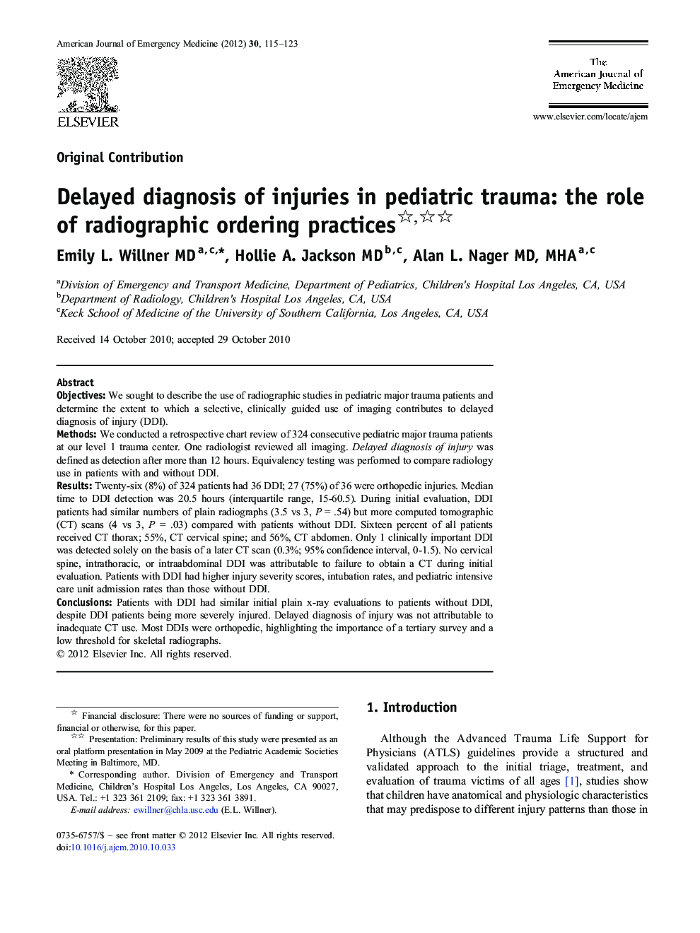 Delayed diagnosis of injuries in pediatric trauma: the role of radiographic ordering practices 