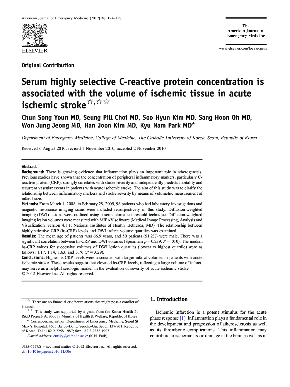 Serum highly selective C-reactive protein concentration is associated with the volume of ischemic tissue in acute ischemic stroke 