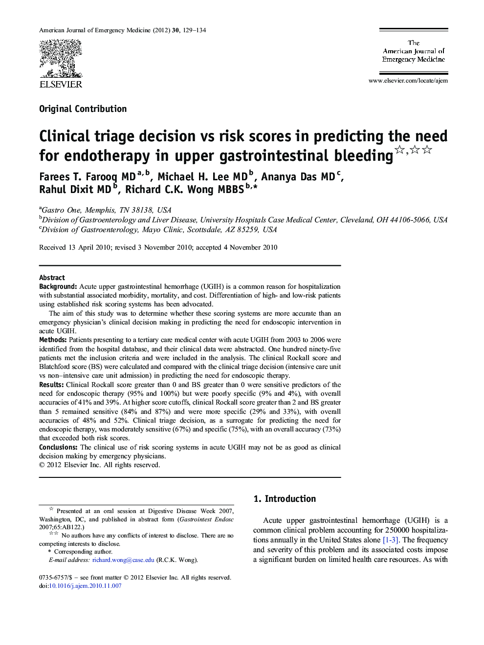 Clinical triage decision vs risk scores in predicting the need for endotherapy in upper gastrointestinal bleeding 