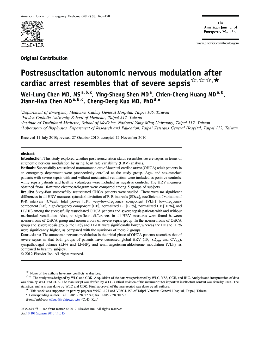 Postresuscitation autonomic nervous modulation after cardiac arrest resembles that of severe sepsis ★