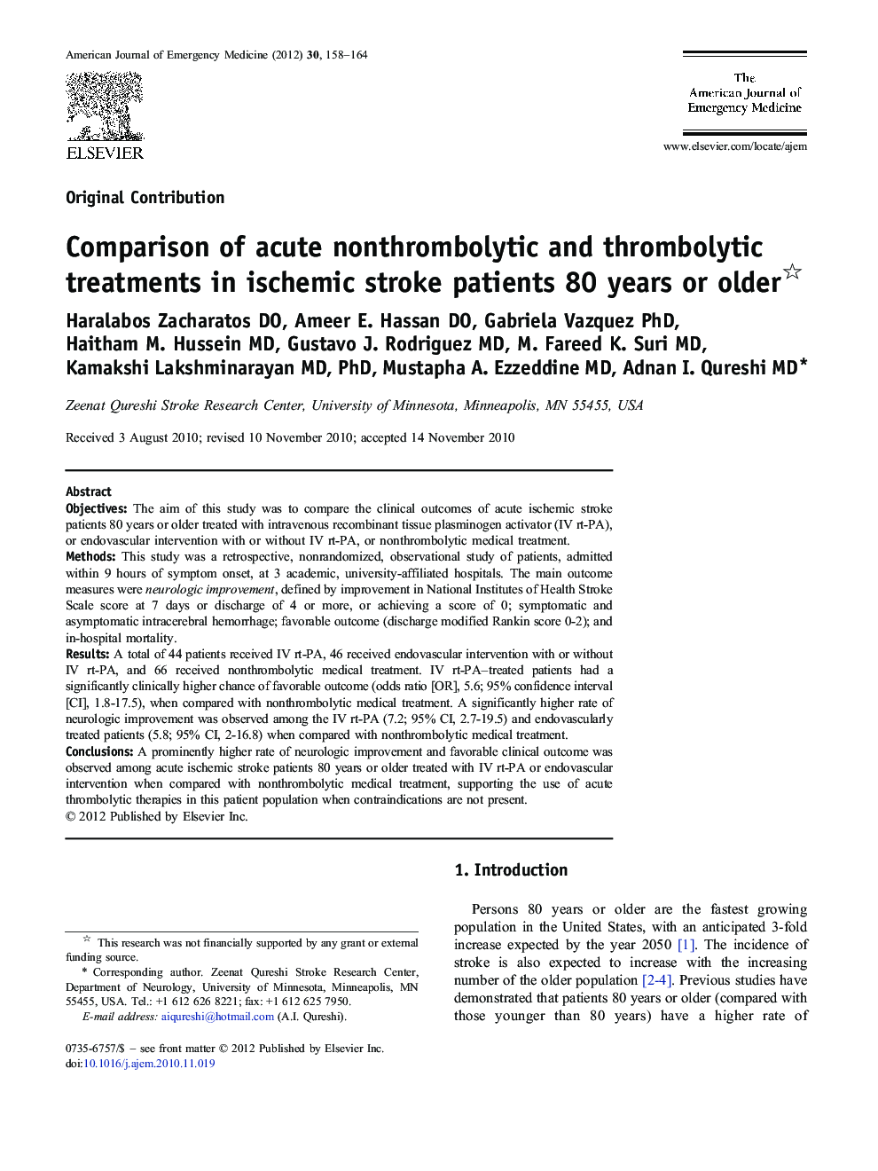 Comparison of acute nonthrombolytic and thrombolytic treatments in ischemic stroke patients 80 years or older 
