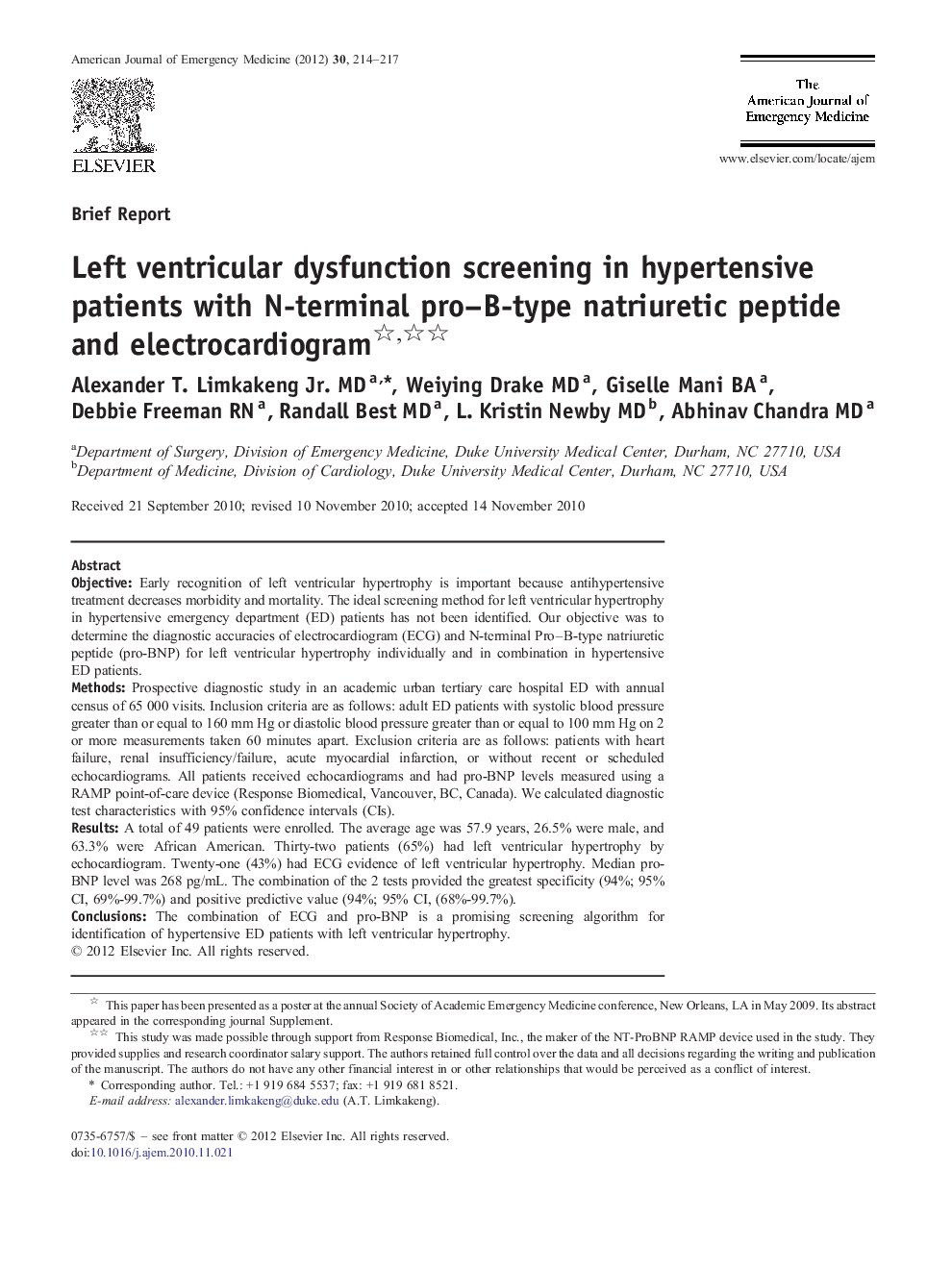 Left ventricular dysfunction screening in hypertensive patients with N-terminal pro–B-type natriuretic peptide and electrocardiogram 
