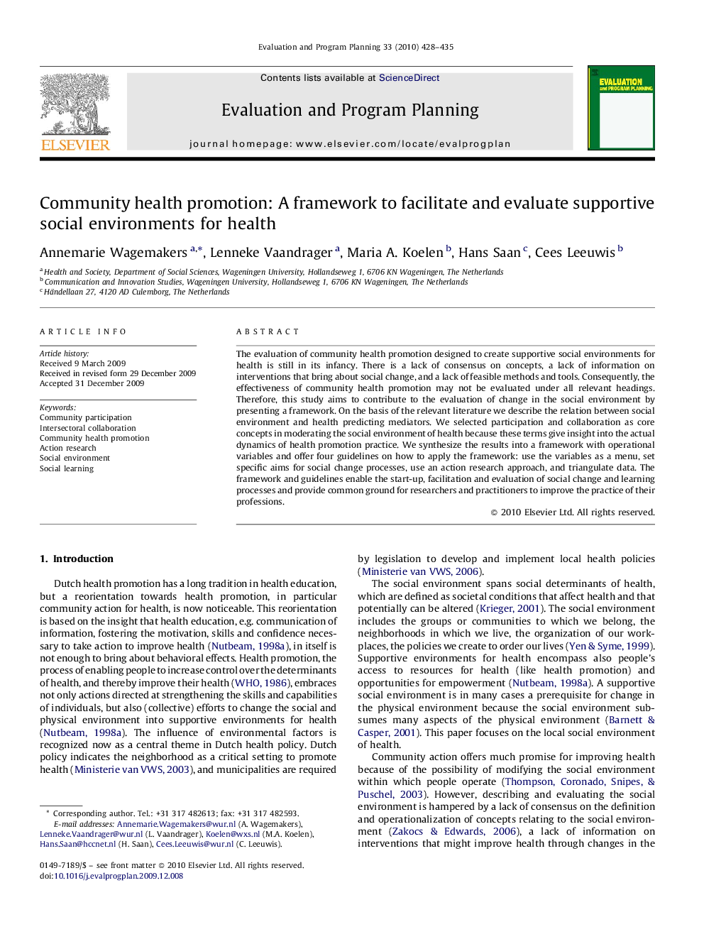 Community health promotion: A framework to facilitate and evaluate supportive social environments for health