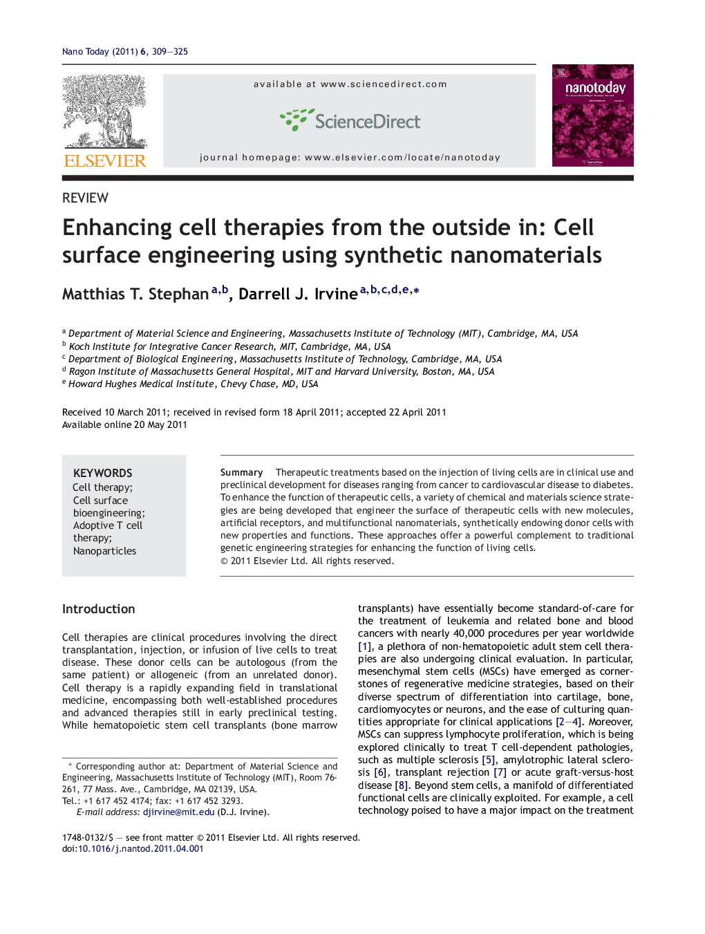 Enhancing cell therapies from the outside in: Cell surface engineering using synthetic nanomaterials