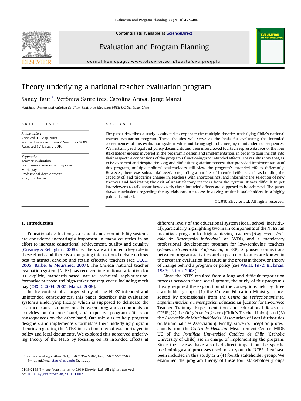 Theory underlying a national teacher evaluation program