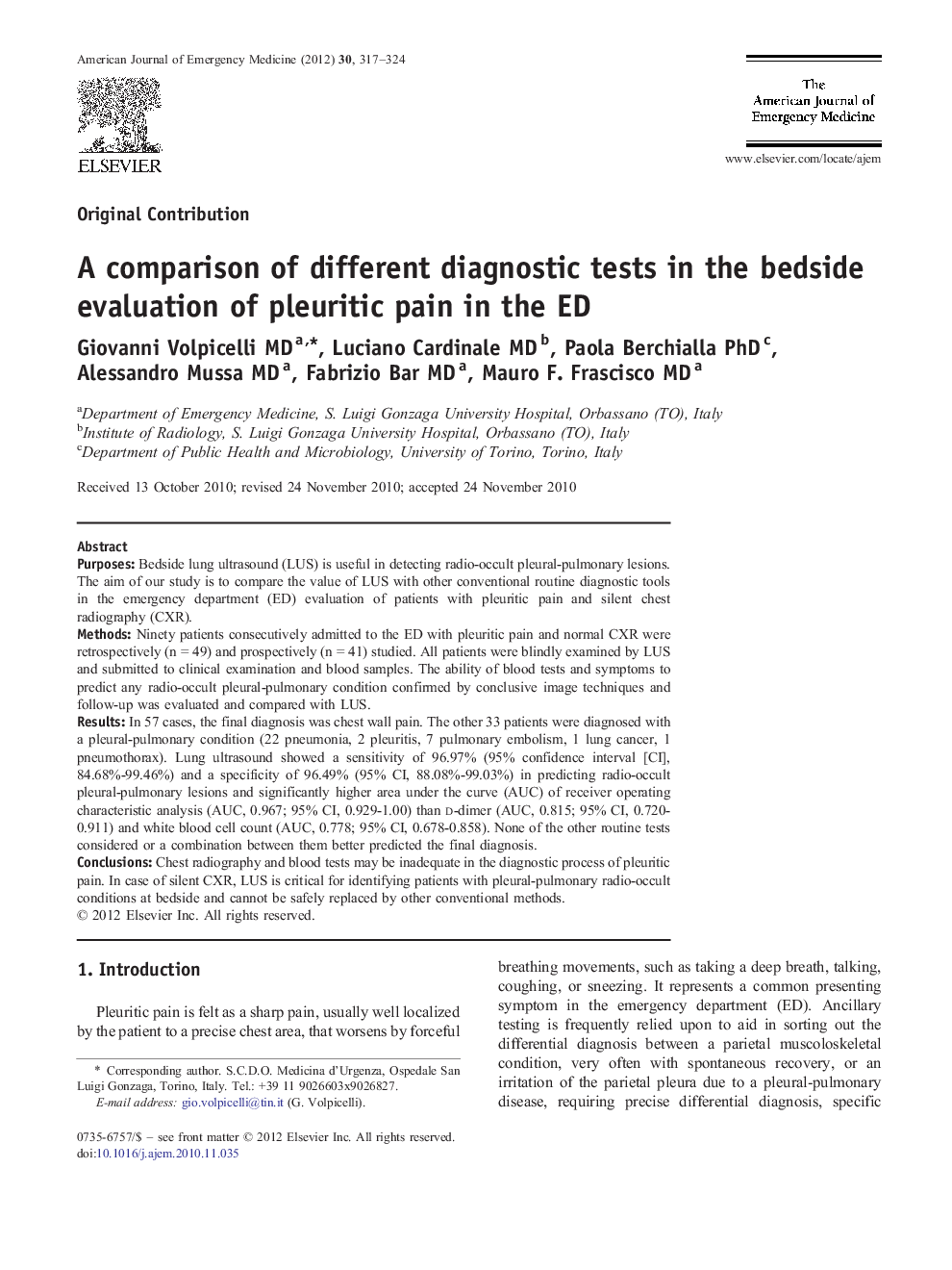 A comparison of different diagnostic tests in the bedside evaluation of pleuritic pain in the ED