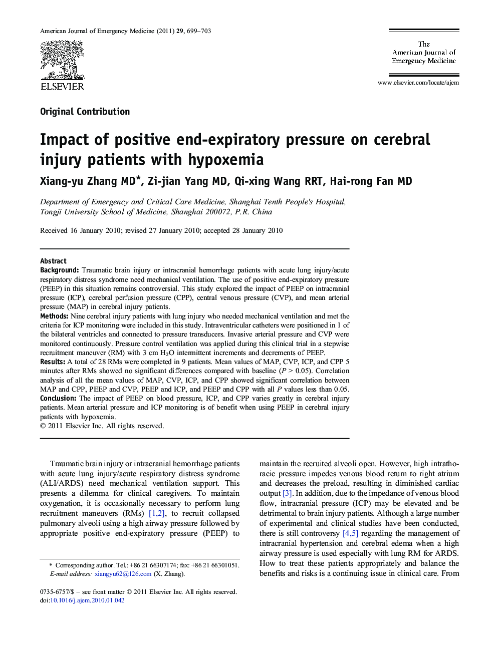 Impact of positive end-expiratory pressure on cerebral injury patients with hypoxemia