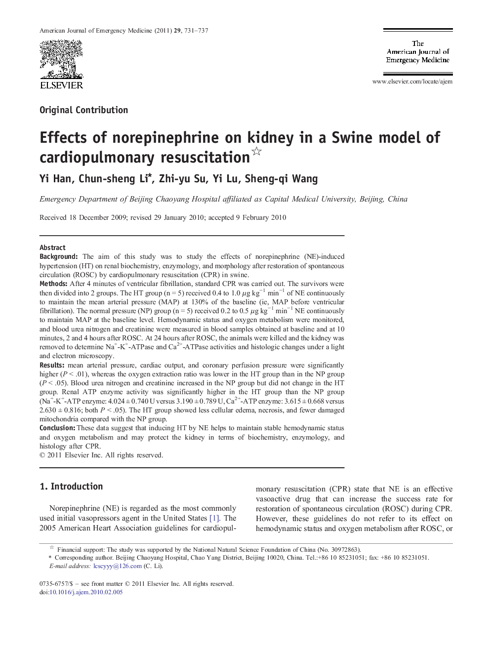 Effects of norepinephrine on kidney in a Swine model of cardiopulmonary resuscitation 