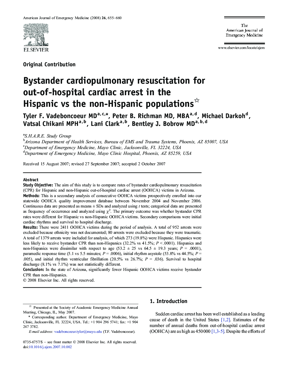 عکس صفحه اول مقاله: Bystander cardiopulmonary resuscitation for out-of-hospital cardiac arrest in the Hispanic vs the non-Hispanic populations ★ Bystander cardiopulmonary resuscitation for out-of-hospital cardiac arrest in the Hispanic vs the non-Hispanic populations ★