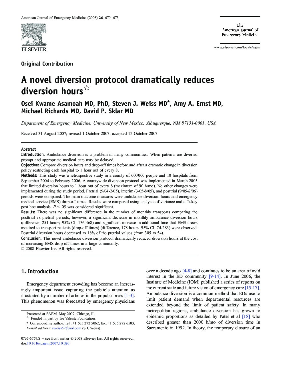 عکس صفحه اول مقاله: A novel diversion protocol dramatically reduces diversion hours A novel diversion protocol dramatically reduces diversion hours