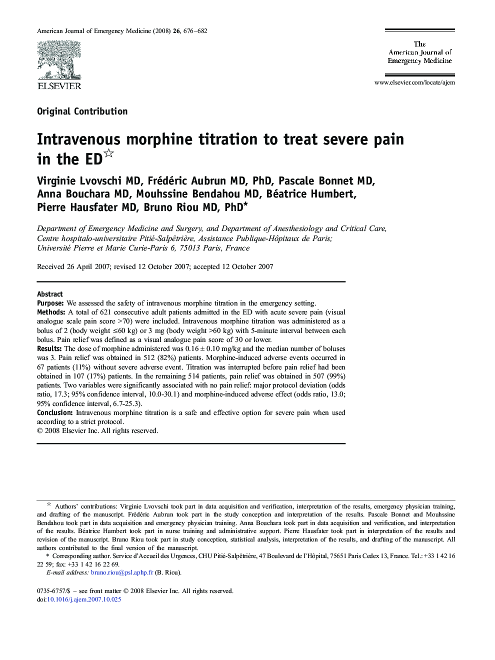 عکس صفحه اول مقاله: Intravenous morphine titration to treat severe pain in the ED ★ Intravenous morphine titration to treat severe pain in the ED ★