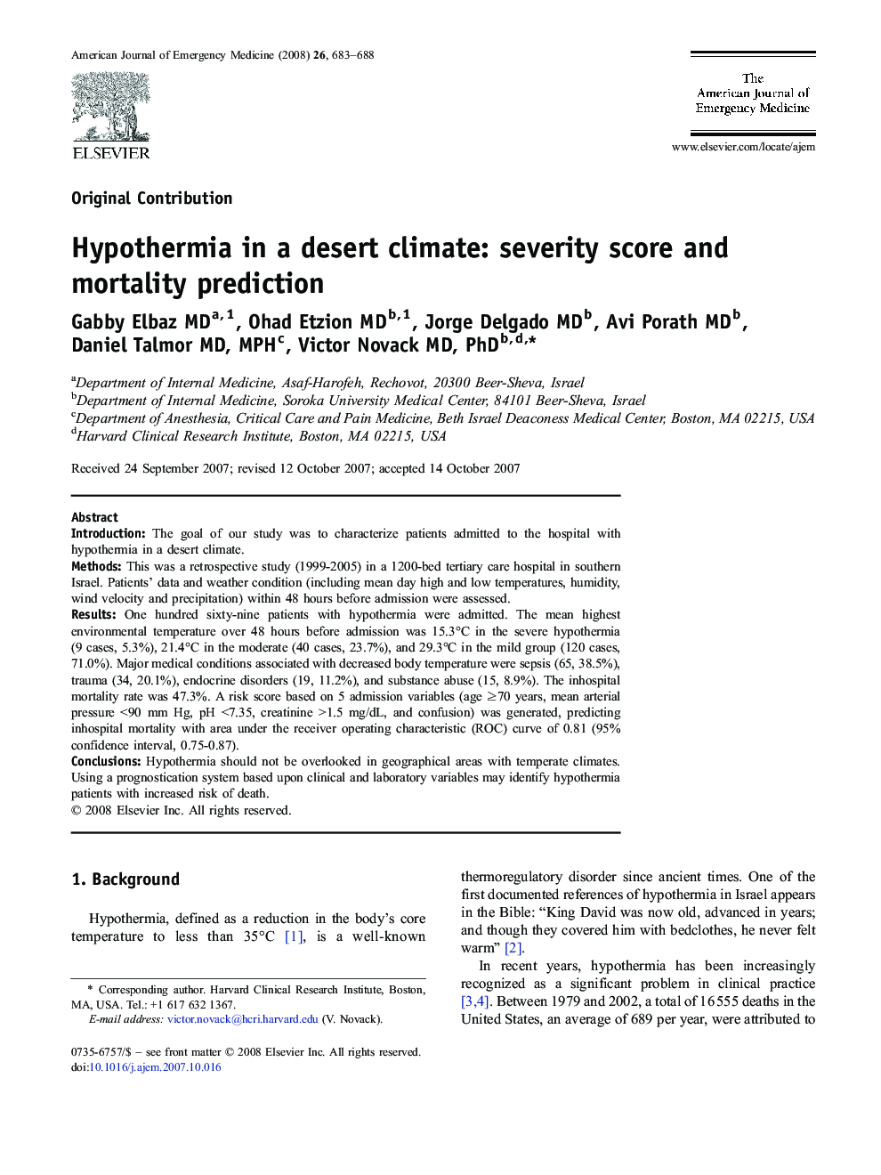 Hypothermia in a desert climate: severity score and mortality prediction