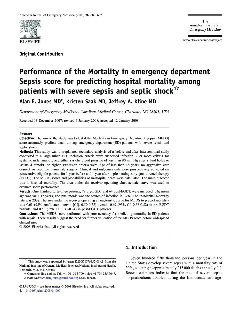 Performance of the Mortality in emergency department Sepsis score for predicting hospital mortality among patients with severe sepsis and septic shock 
