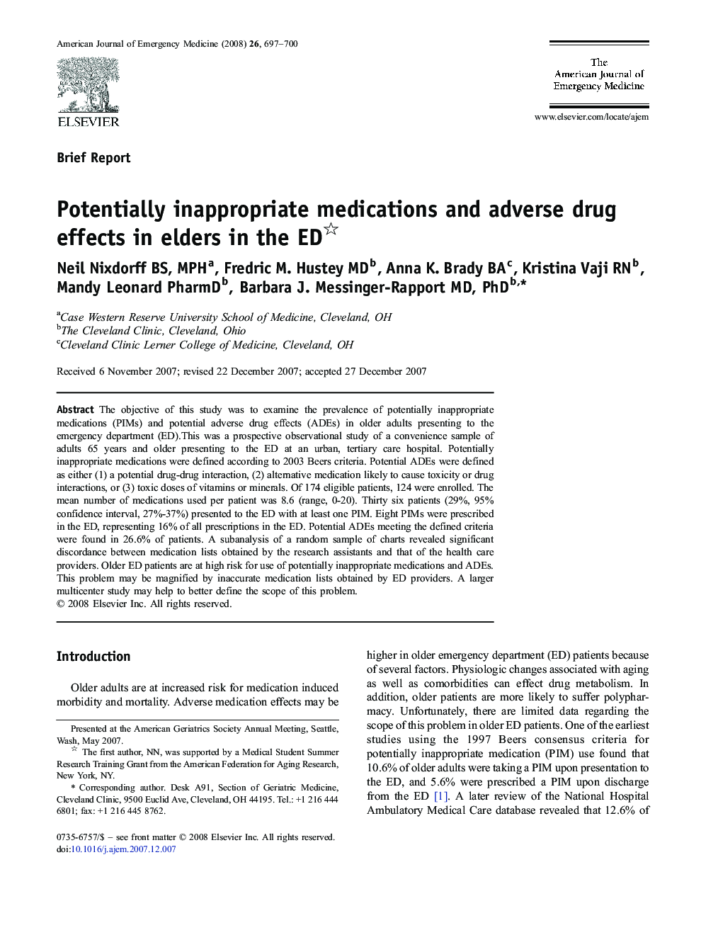Potentially inappropriate medications and adverse drug effects in elders in the ED 