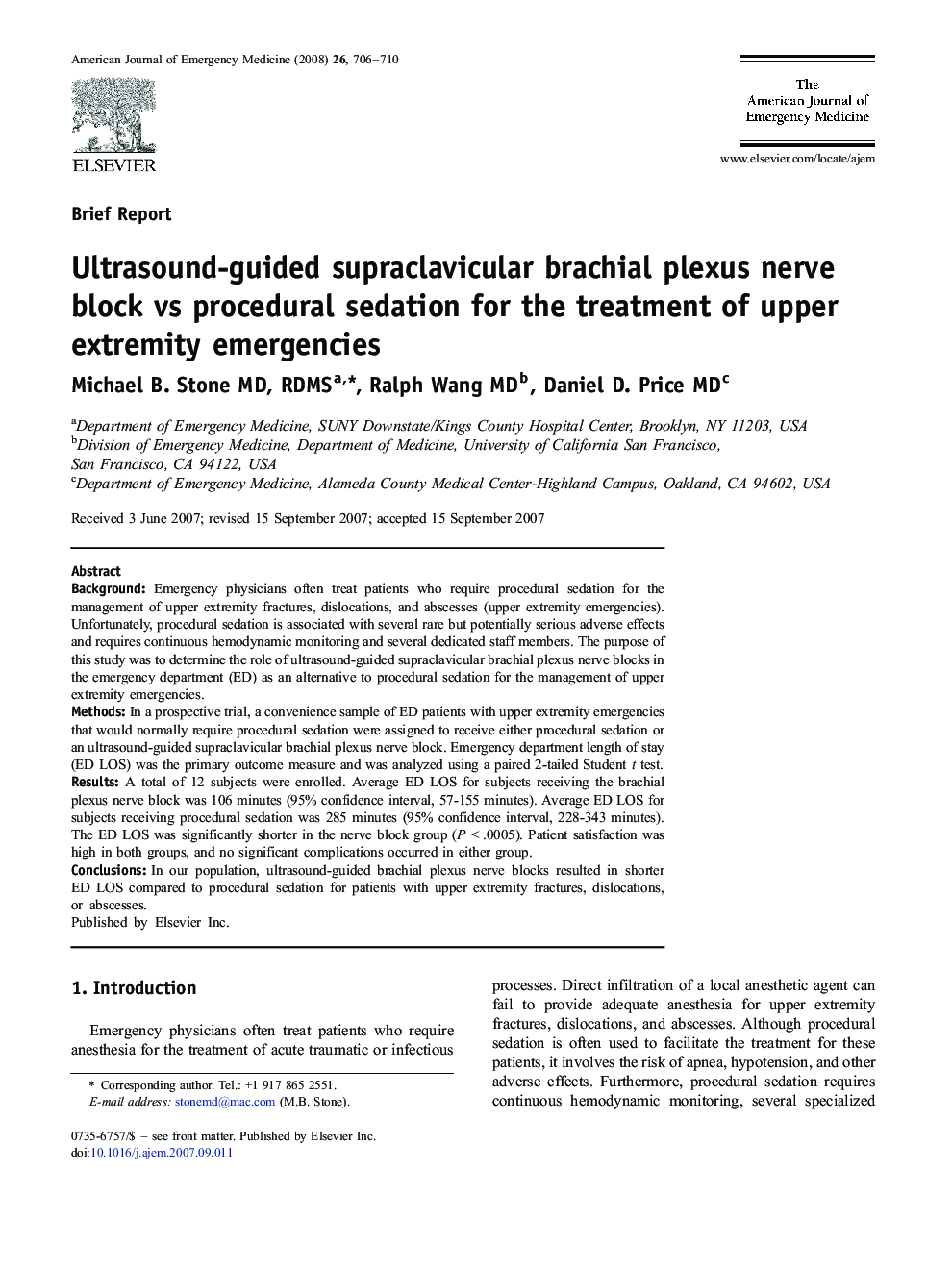 Ultrasound-guided supraclavicular brachial plexus nerve block vs procedural sedation for the treatment of upper extremity emergencies