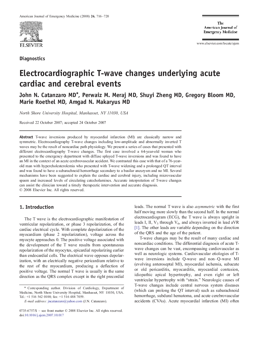 Electrocardiographic T-wave changes underlying acute cardiac and cerebral events