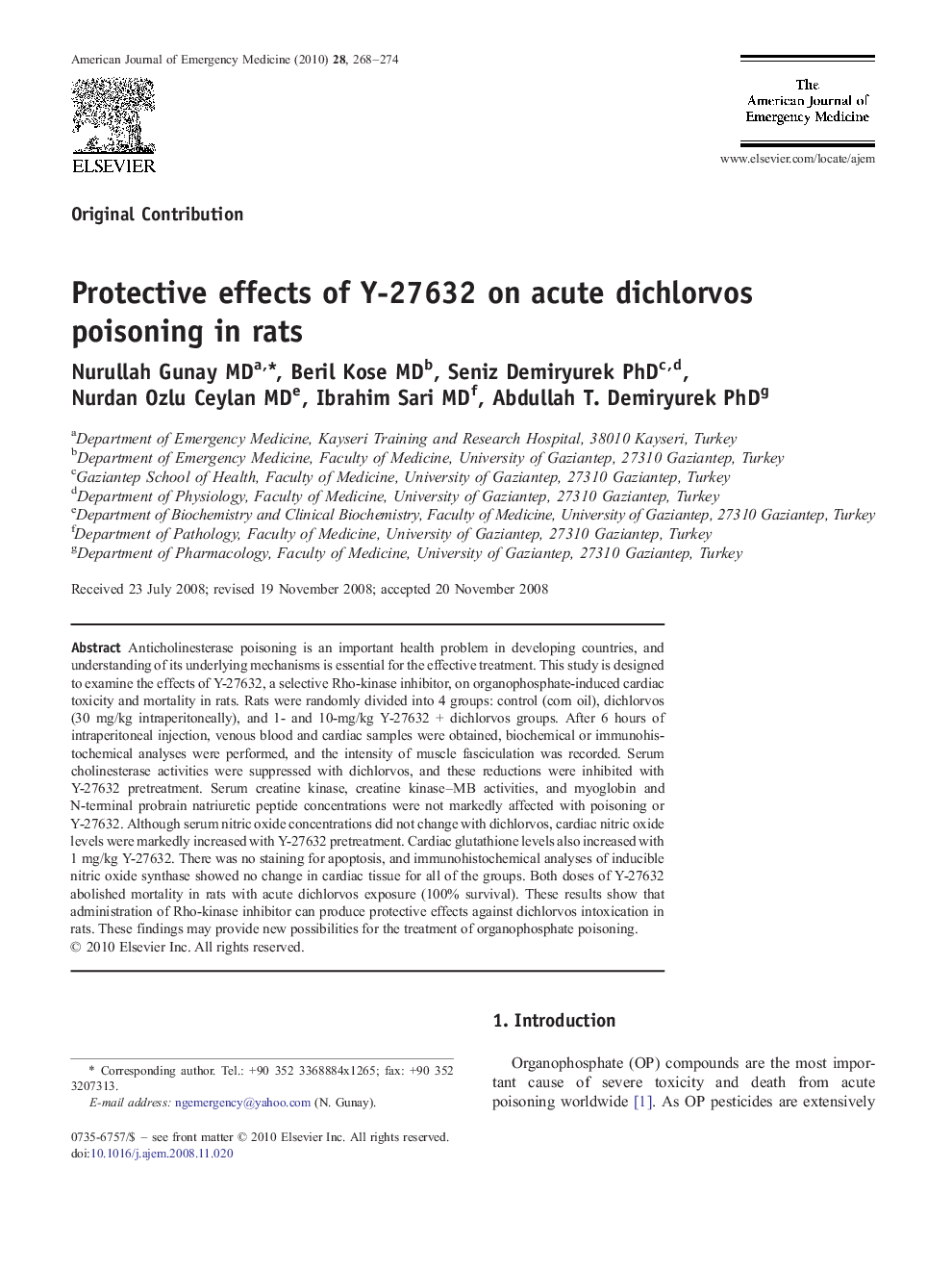 Protective effects of Y-27632 on acute dichlorvos poisoning in rats