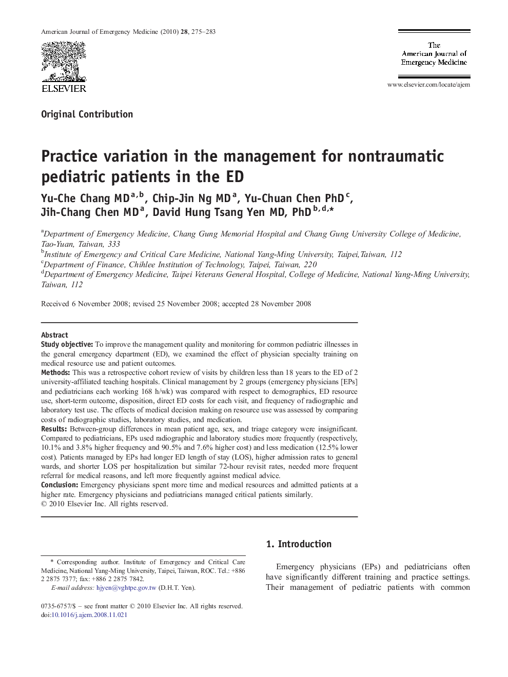 Practice variation in the management for nontraumatic pediatric patients in the ED