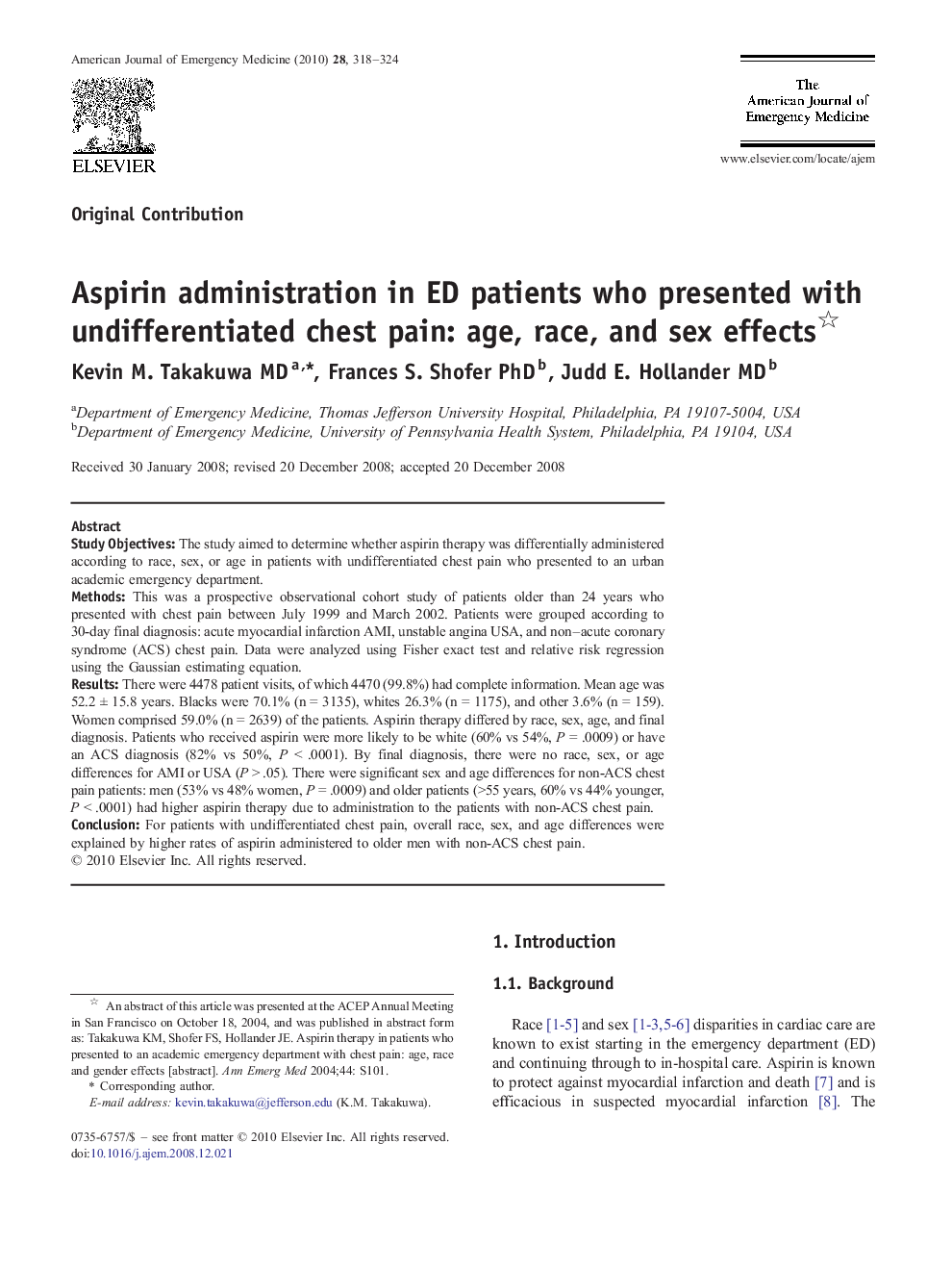 Aspirin administration in ED patients who presented with undifferentiated chest pain: age, race, and sex effects 