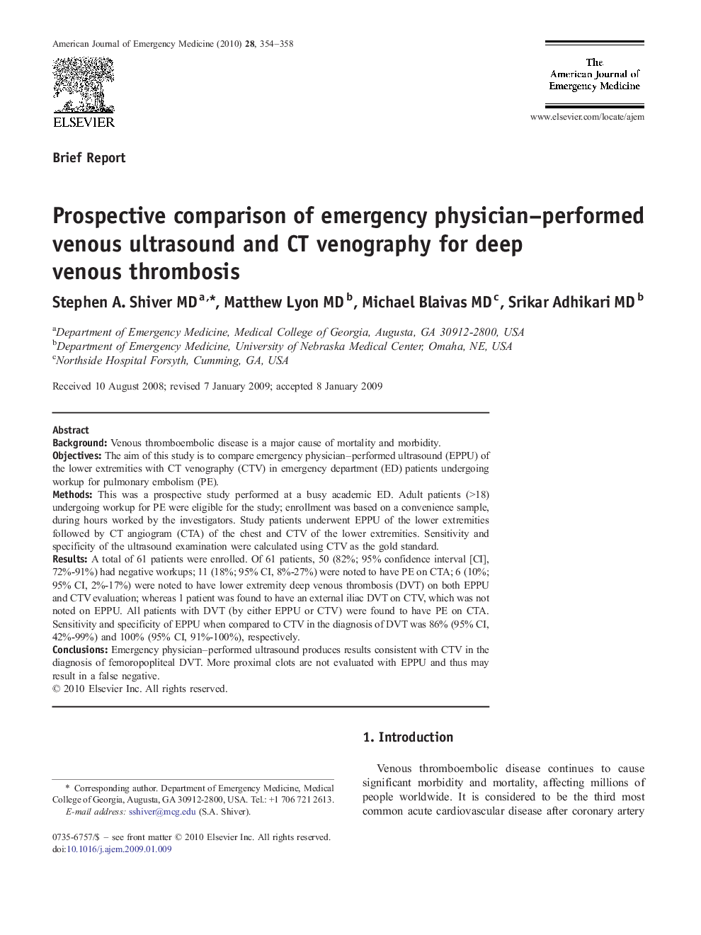 Prospective comparison of emergency physician–performed venous ultrasound and CT venography for deep venous thrombosis