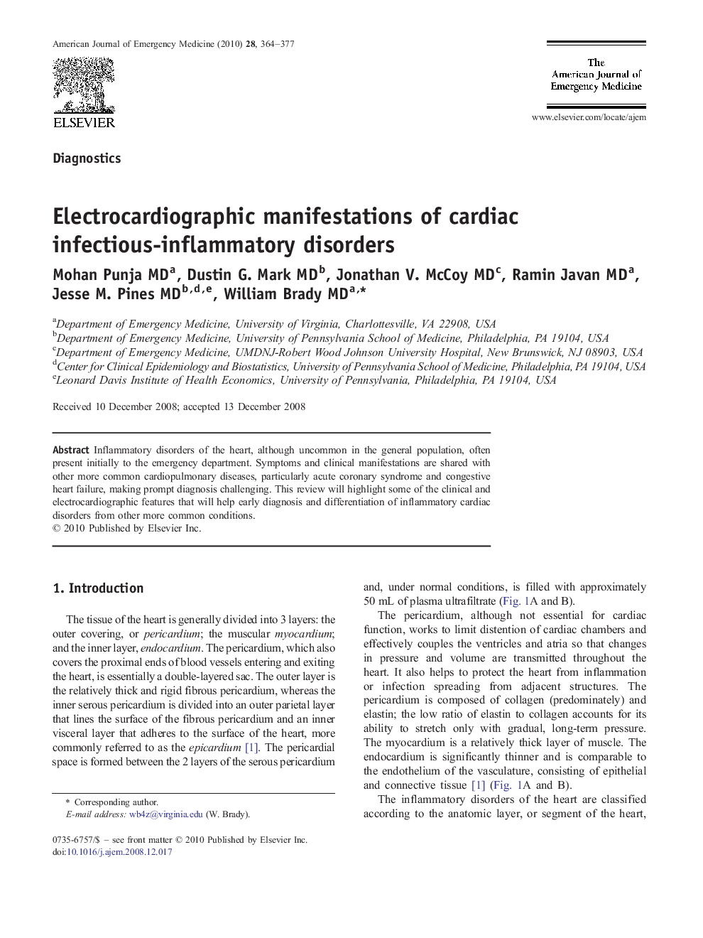 Electrocardiographic manifestations of cardiac infectious-inflammatory disorders