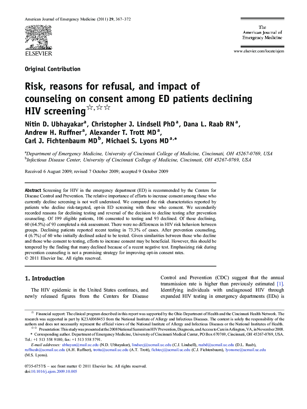 Risk, reasons for refusal, and impact of counseling on consent among ED patients declining HIV screening 