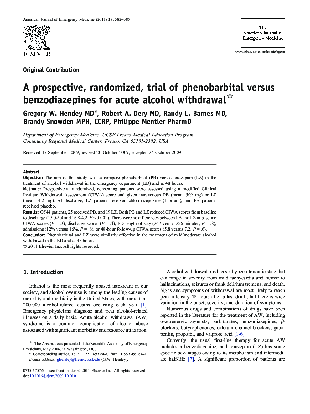 A prospective, randomized, trial of phenobarbital versus benzodiazepines for acute alcohol withdrawal 