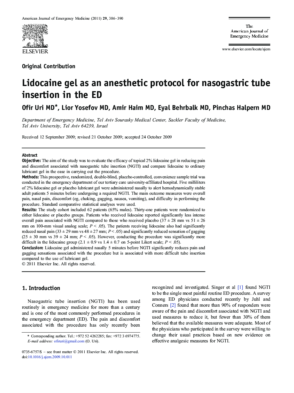 Lidocaine gel as an anesthetic protocol for nasogastric tube insertion in the ED