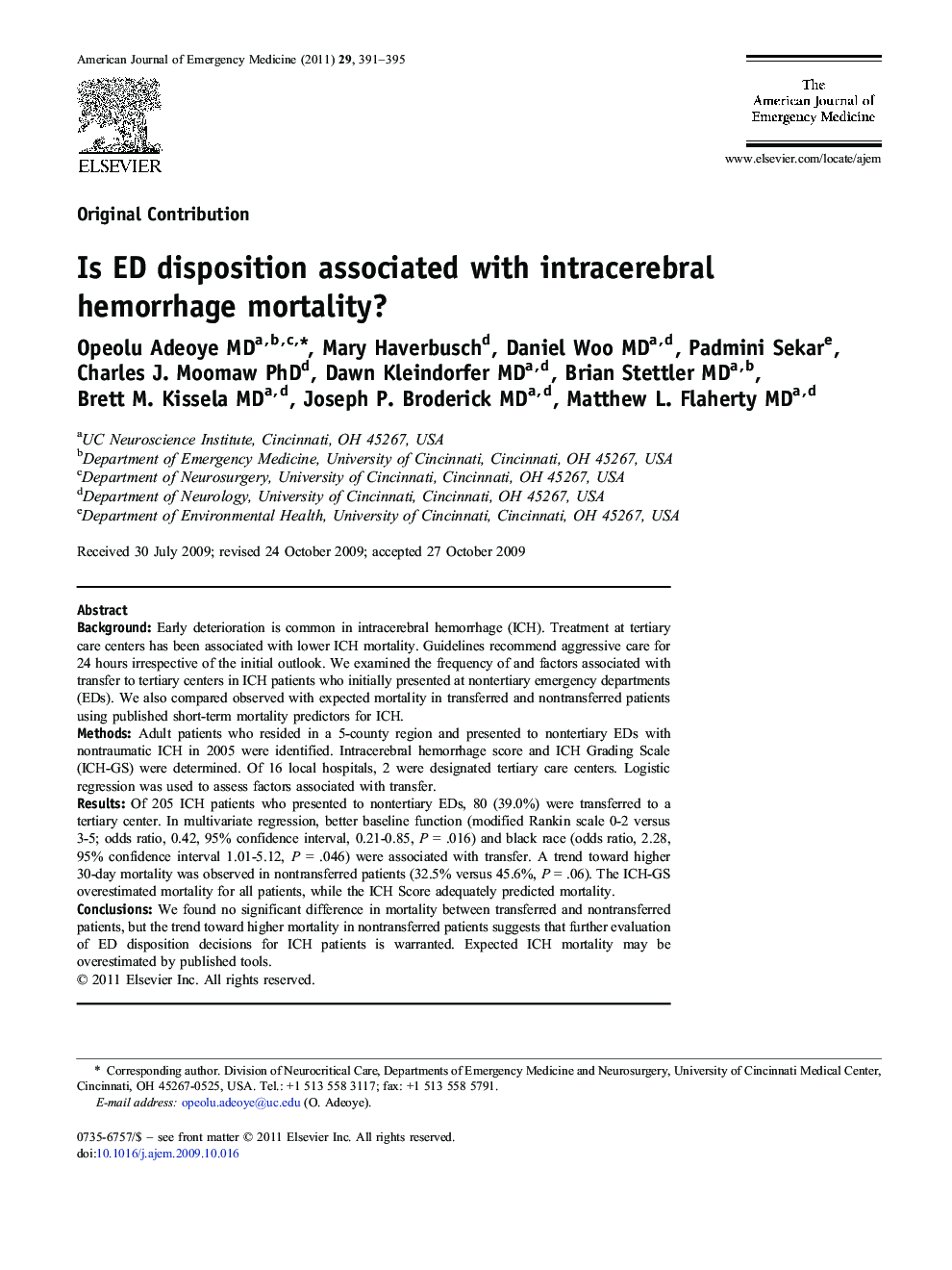 Is ED disposition associated with intracerebral hemorrhage mortality?