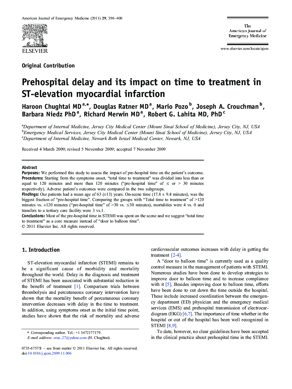 Prehospital delay and its impact on time to treatment in ST-elevation myocardial infarction