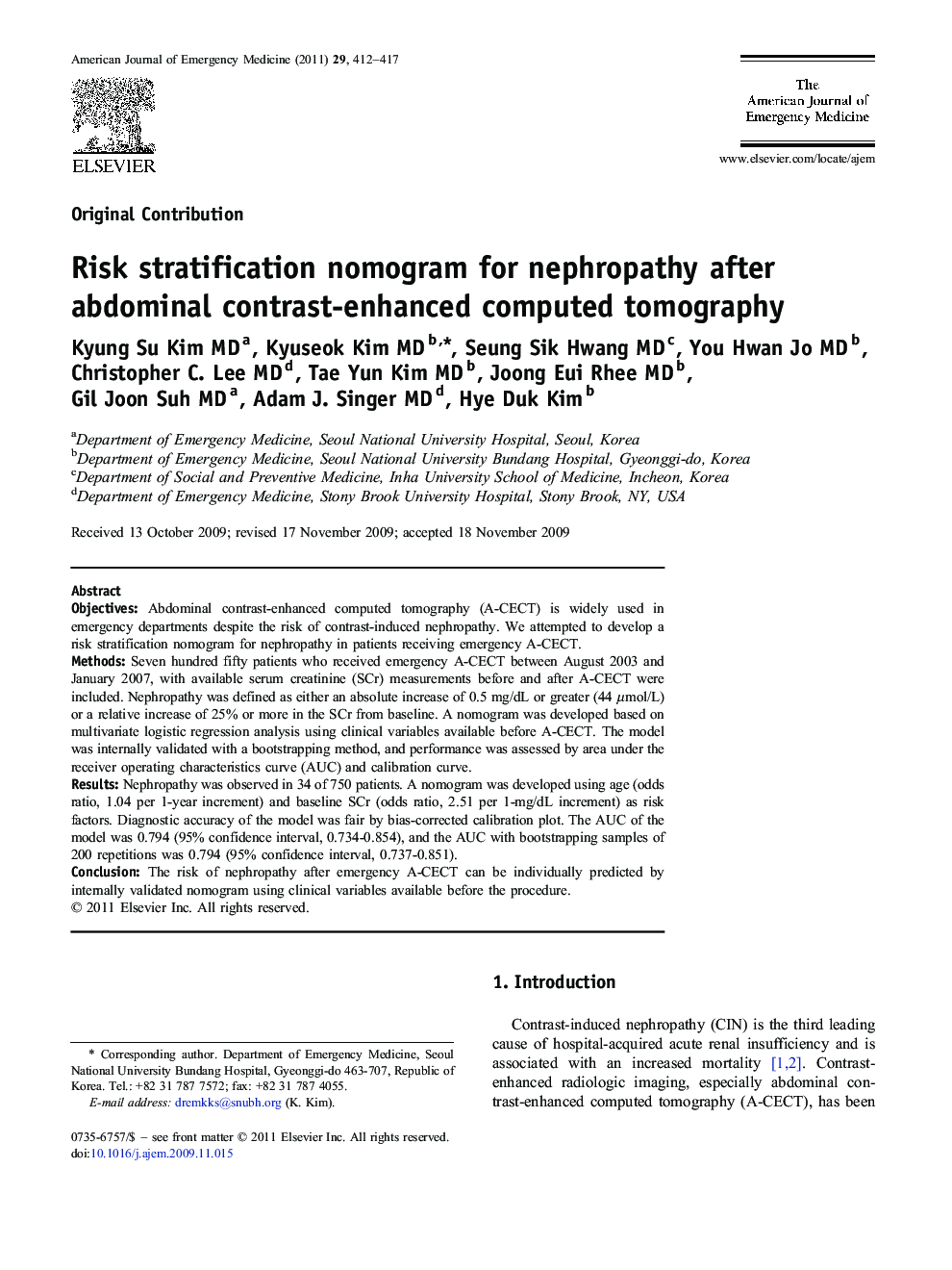 Risk stratification nomogram for nephropathy after abdominal contrast-enhanced computed tomography