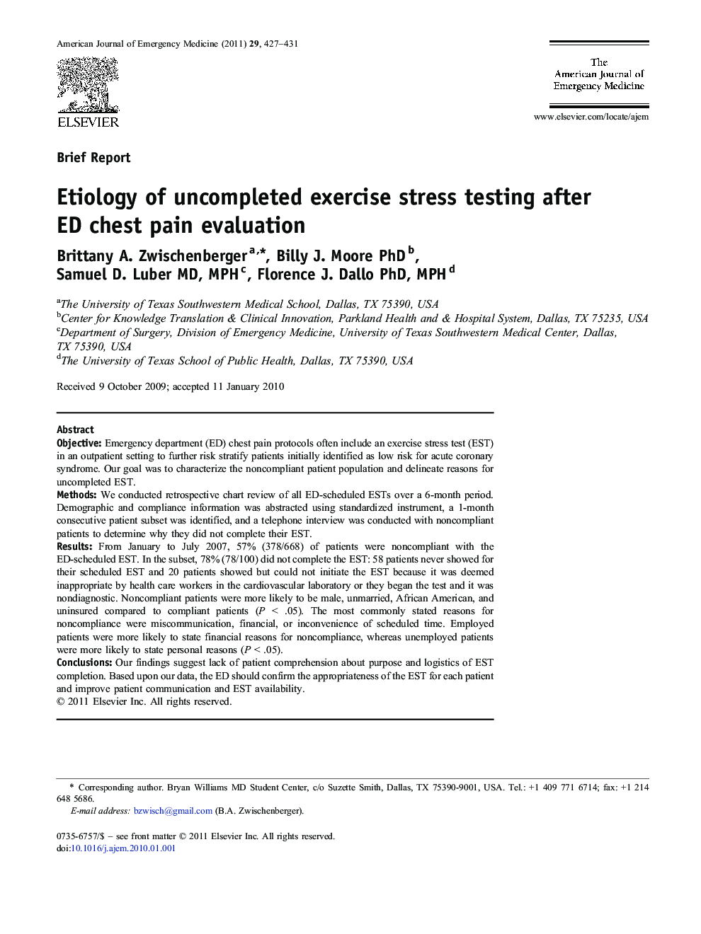 Etiology of uncompleted exercise stress testing after ED chest pain evaluation