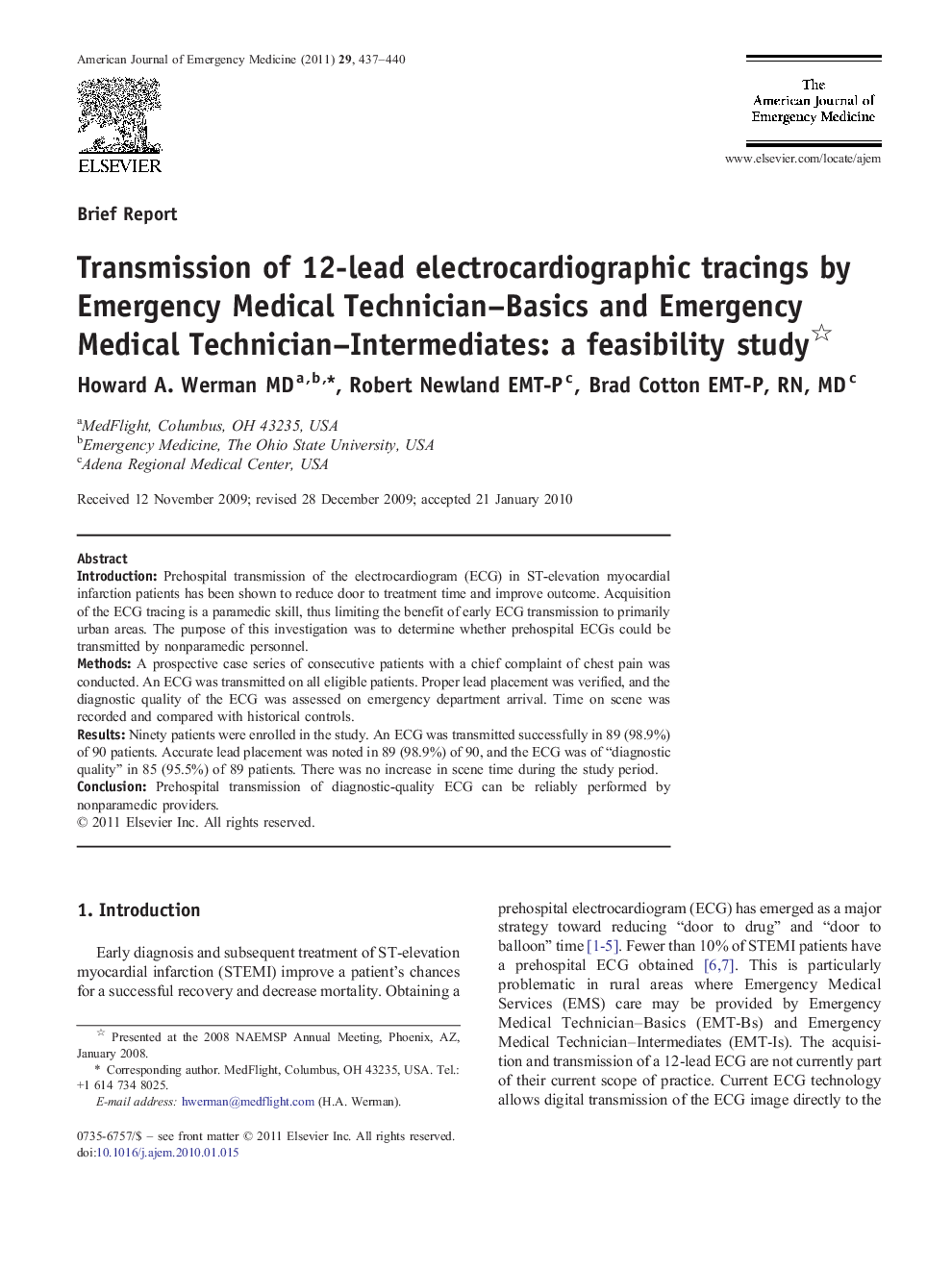 Transmission of 12-lead electrocardiographic tracings by Emergency Medical Technician-Basics and Emergency Medical Technician-Intermediates: a feasibility study