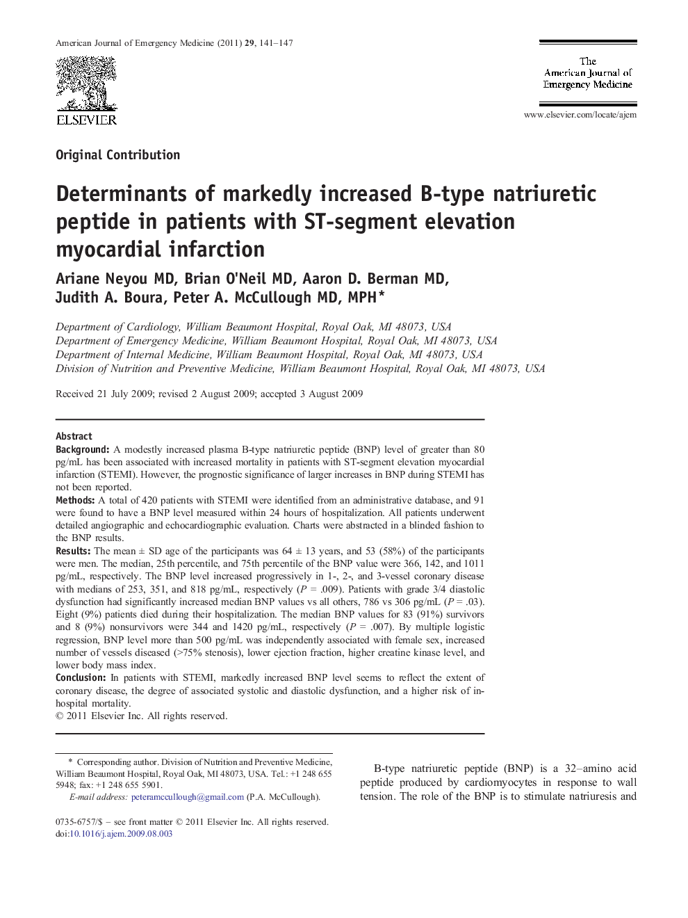 Determinants of markedly increased B-type natriuretic peptide in patients with ST-segment elevation myocardial infarction