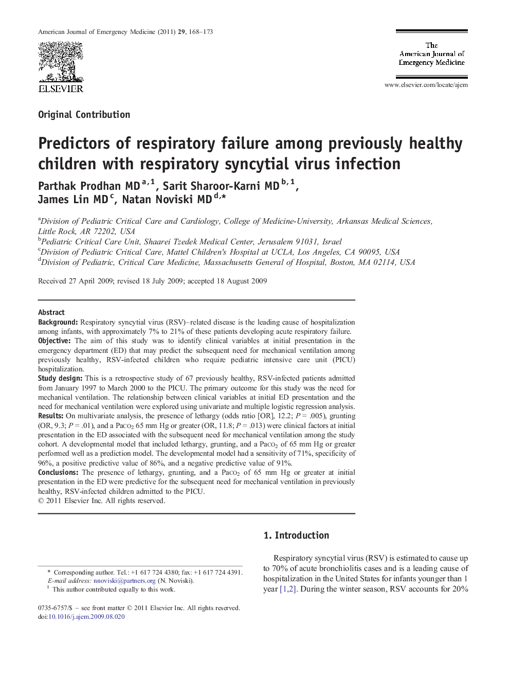 Predictors of respiratory failure among previously healthy children with respiratory syncytial virus infection