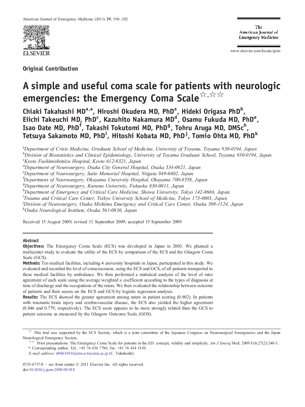A simple and useful coma scale for patients with neurologic emergencies: the Emergency Coma Scale 