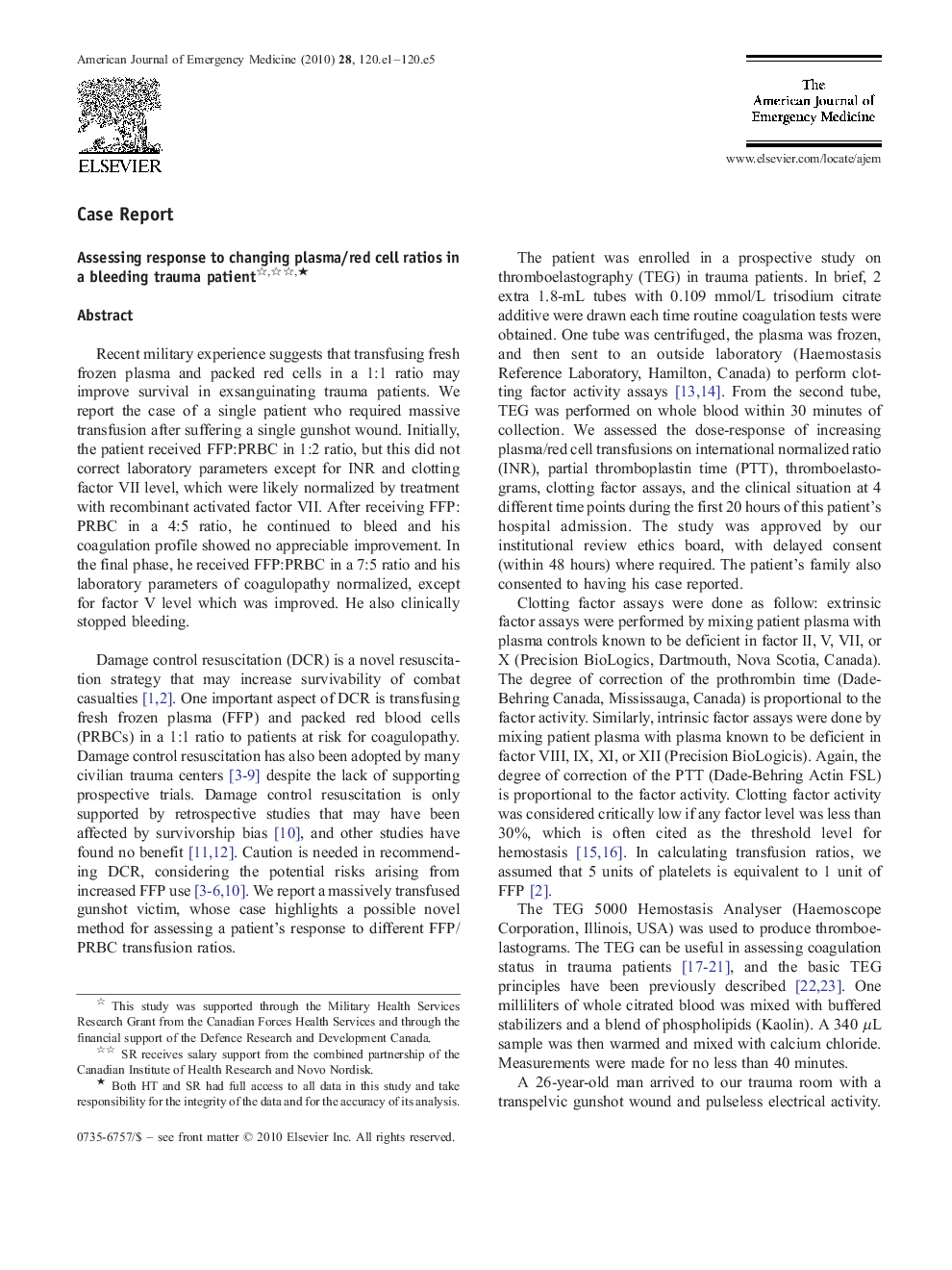 Assessing response to changing plasma/red cell ratios in a bleeding trauma patient