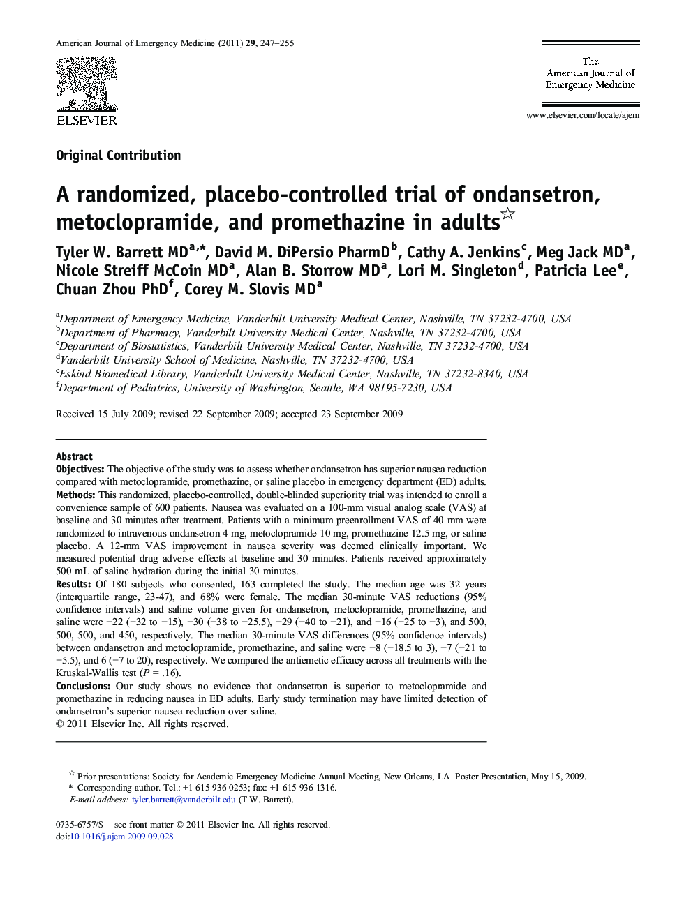 A randomized, placebo-controlled trial of ondansetron, metoclopramide, and promethazine in adults 