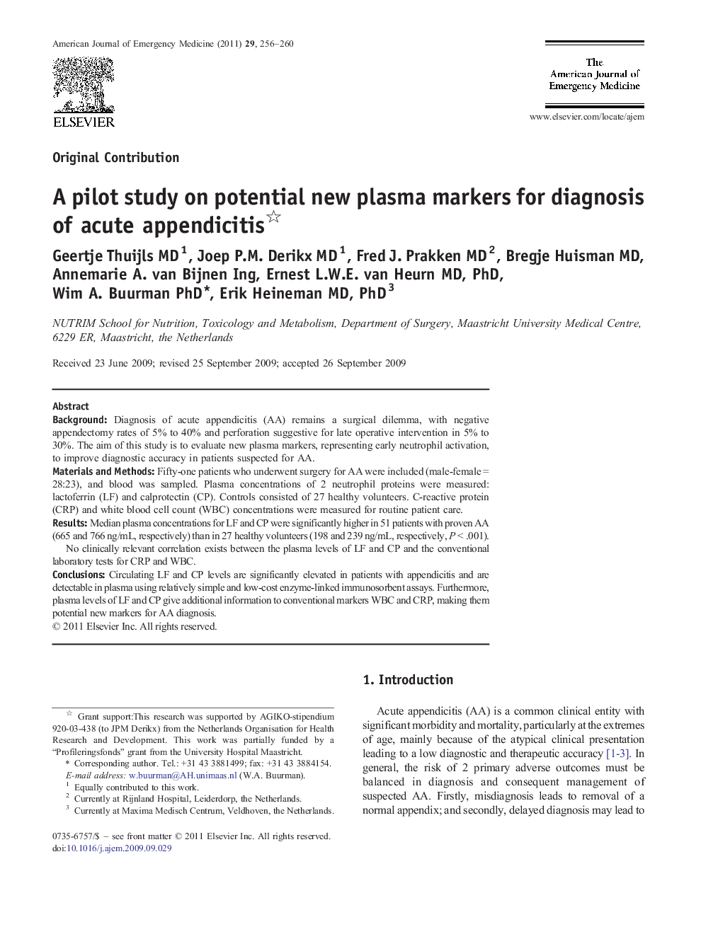 A pilot study on potential new plasma markers for diagnosis of acute appendicitis 