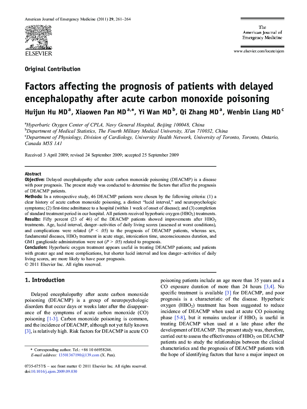 Factors affecting the prognosis of patients with delayed encephalopathy after acute carbon monoxide poisoning