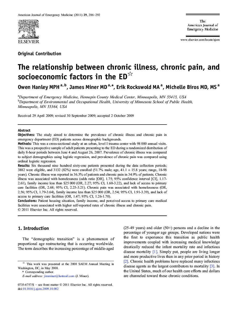 The relationship between chronic illness, chronic pain, and socioeconomic factors in the ED 