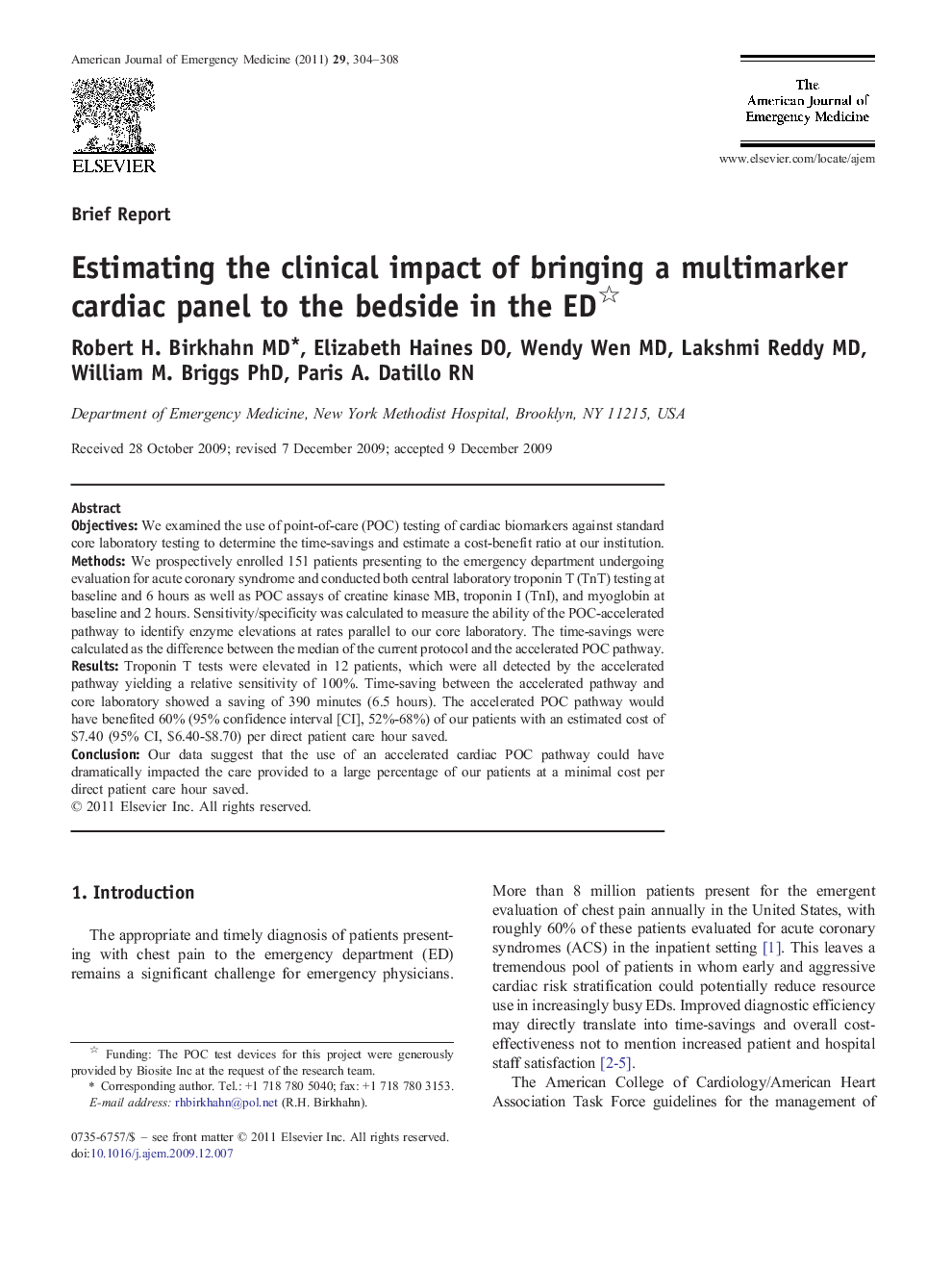 Estimating the clinical impact of bringing a multimarker cardiac panel to the bedside in the ED 