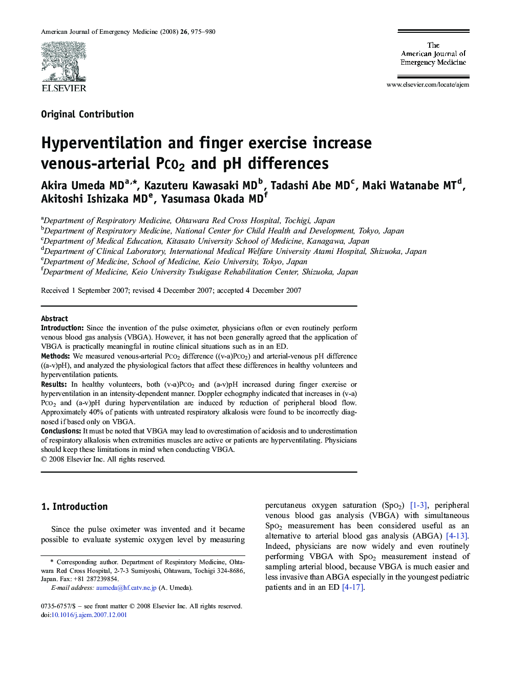 Hyperventilation and finger exercise increase venous-arterial Pco2 and pH differences
